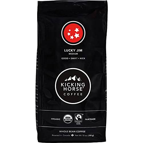 Kicking Horse Coffee Lucky Jim Whole Beans, Medium Roast, Certified Organic Fairtrade Kosher Coffee, Black, 10 Oz