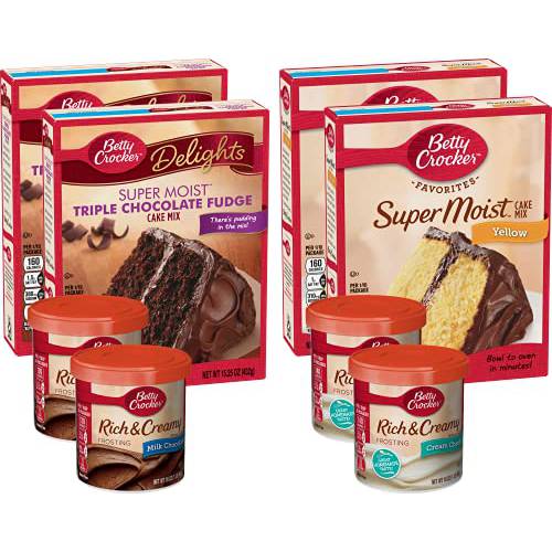 Betty Crocker Cake and Frosting Bundle, Chocolate Cake Mix, Yellow Cake Mix, Milk Chocolate Frosting, and Cream Cheese Frosting Variety Pack - 2 Count (Pack of 4)
