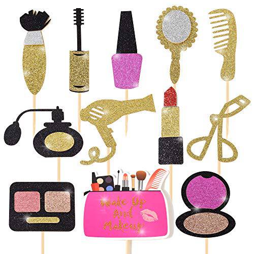 Spa Makeup Cupcake Toppers Decoration Supplies for Female Bridal Shower Bachelorette Salon Spa Cosmetics Themed Girls 18th Birthday Party 24Pcs Gold Glitter Spa Made-up Cupcake Toppers