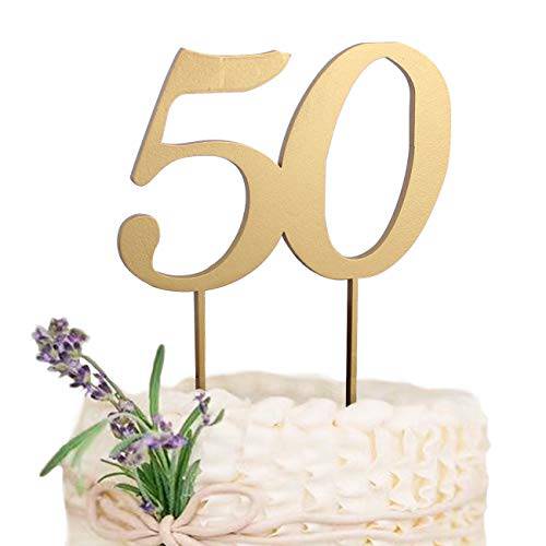 Gold Woodland 50th Birthday Cake Topper -Cake Topper for Golden Wedding Anniversary Decorations-2pcs Plastic Holder included for Food Contact Safe