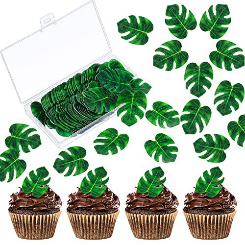 Arreinz 96 Pieces Tropical Palm Leaf Butterfly Cupcake Toppers White Pinion Cake Toppers Green Leaves Cake Decorations for Hawaii Theme Party Summer Decoration Birthday Supplies (Palm Leaf)