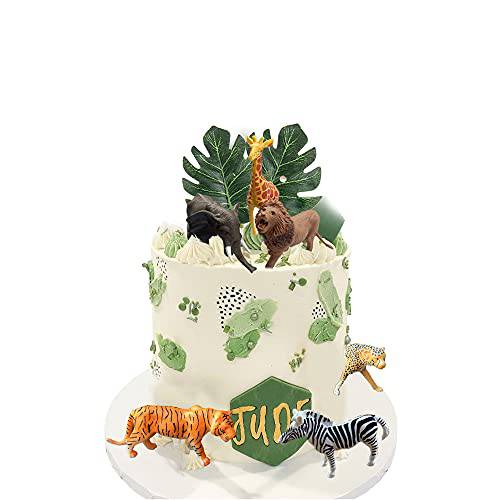 6 PCS Realistic Safari Jungle Wild Forest Animals Figures and 2 PCS Palm Leaves Cake Toppers Party Decorations Favors