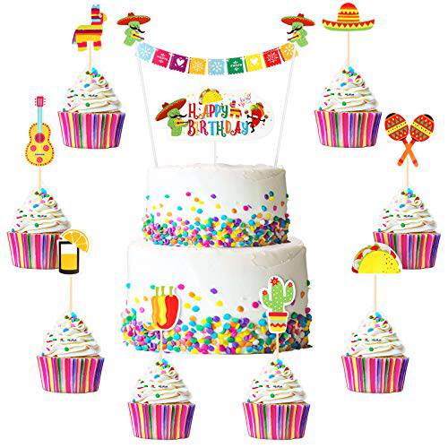 34 Pieces Fiesta Cake Toppers Mexican Themed Party Decorations Include Mini Mexican Papel Picado Birthday Banner Cactus Alpaca Tacos Cacti Guitar Sombrero Dessert Topper for Birthday Party Supplies