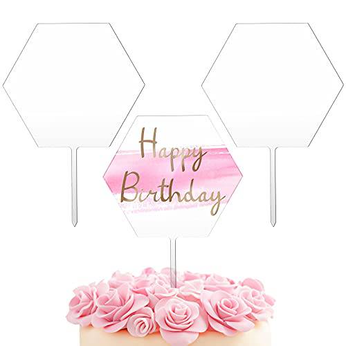 2 Pieces Acrylic Cake Topper Blank Cake Topper Clear DIY Birthday Cake Topper Personalized DIY Birthday Cake Topper for Custom Wedding Birthday Festival Party Cake (Hexagon Style)