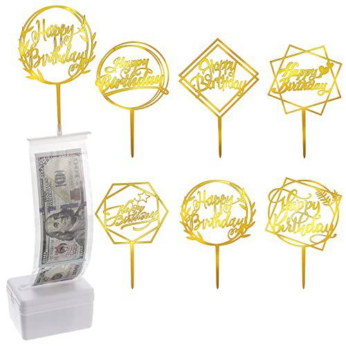 JOELELI 107 Pieces Cake Money Box Kit, 6 Pieces Happy Birthday Cake Topper,100 Pieces Clear Bags Connected Pockets, Cake Money Pull Out Kit for Birthday Party Gift, Cake Decoration(Gold)