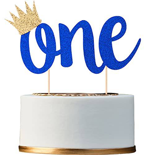 Double Sided Glitter Cake Topper for 1st Birthday Boy with Crown, Royal Blue One Cake Topper for Boys First Birthday Cake Party Decoration Supplies