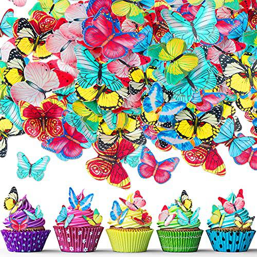 Wafer Butterfly Cupcake Toppers 3D Colorful Butterfly Cake Decoration Realistic Butterfly Dessert Decoration for Birthday Party Wedding Food Decorations Mixed Size (320 Pieces)