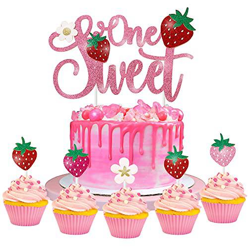 24pcs Sweet One 1st Birthday Party Decorations,Strawberry Theme Cake Cupcake Toppers for Berry Sweet First Birthday Party Summer Fruit Themed Party Food Picks Supplies