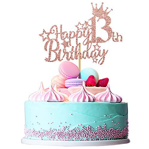 Ufocusmi 13th Birthday Decorations for Girls, Glitter Rose Gold Happy 13th Birthday Cake Topper, 5.9x4.75 inch