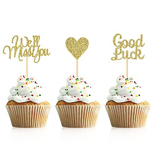 Donoter 24 Pieces We Will Miss You Cupcake Toppers Good Luck Heart Cake Picks for Going Away Party Table Decorations