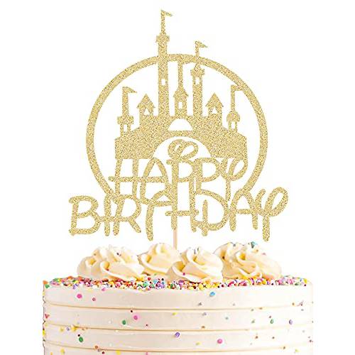 Castle Birthday Cake Topper - Gold Glitter Castle Theme Birthday Party Cake Decoration Supply - Princess Prince Happy Birthday Cake Topper Photo Prop