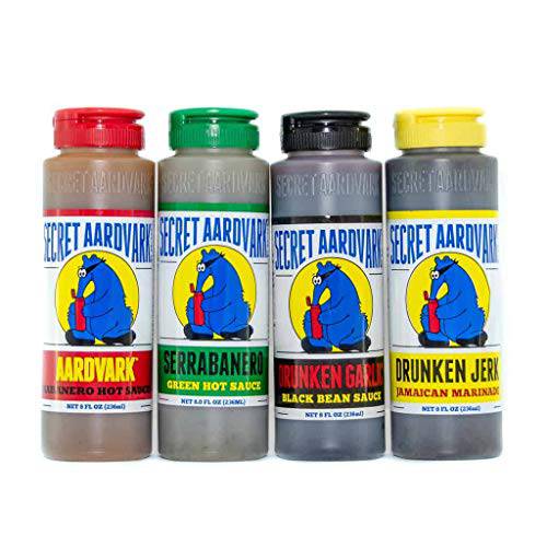 Secret Aardvark Hot Sauce & Marinade Variety Pack - Habanero Hot Sauce, Drunken Jerk, Garlic Black Bean, & Serrabanero Green, Non-GMO, Mild to Medium Hot Sauces & Marinades - Variety, 8 oz (Pack of 4)