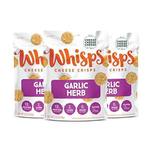 Whisps Cheese Crisps - Garlic Herb Cheese Snacks, Keto Snacks, 28g of Protein Per Bag, Low Carb, Gluten & Sugar Free, Great Tasting Healthy Snack, All Natural Cheese Crisps - Garlic Herb, 2.12 Oz (Pack of 3)
