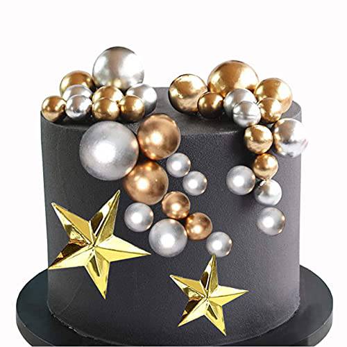 32 PCS Gold Silver Balls Cake Topper DIY Pile Up Happy Birthday Cake Toppers Gold Party Cupcake Decoration