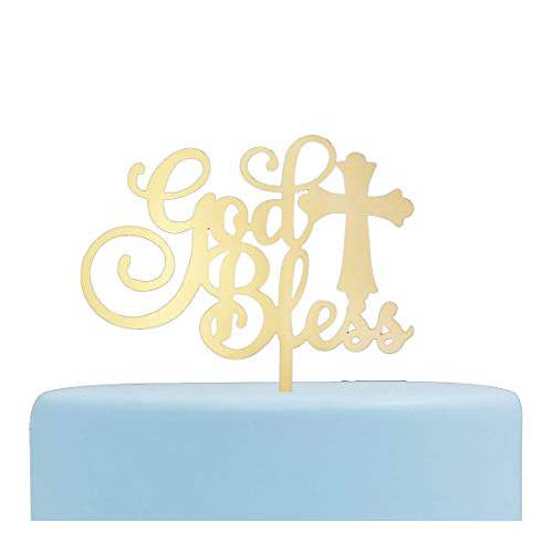 God Bless Acrylic Cake Topper for Baptism, Christening, Dedication or First CommDecorations( MIrror Gold)