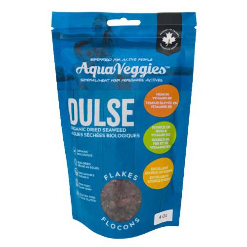 Aqua Veggies Organic Atlantic Dulse Flakes, Hand-Harvested, Sun-Dried Bay of Fundy, Excellent Source of Vitamins B6, B12, Iron, Iodine, Protein, Calcium and Fibre 4 Ounce