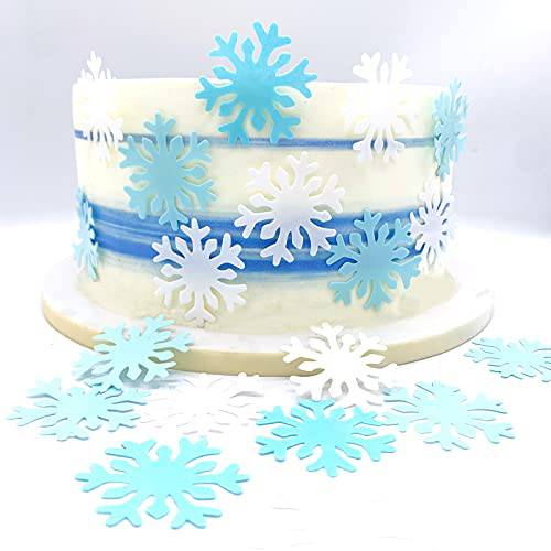 GEORLD 48Pcs Edible Cupcake Toppers Wafer Snowflakes Cake Decoration Birthday Party Blue&White