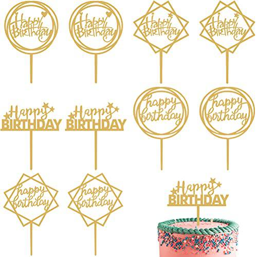 10 PCS Gold Happy Birthday Cake Toppers, Double-Sided Acrylic Cake Toppers Cake Topper Picks Glitter Bling Dessert Toppers for Birthday Party Anniversary Cake Pastries DIY Decorations