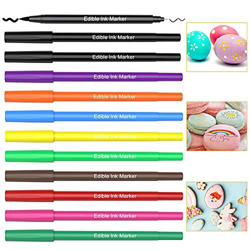 Edible Markers for Cookie Decorating,12Pcs Ultra Fine Tip(0.5mm) Food Coloring Pens, Upgrade Double Side Food Grade Pens for Decorating Fondant Cakes,Easter Eggs,Frosting,Macaron(10 Colors)