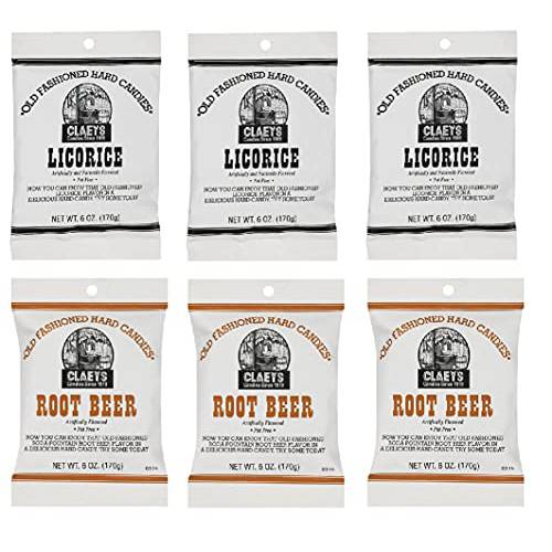 Claeys Old Fashioned Hard Candy - Variety 6 Pack - Licorice and Root Beer - 3 of Each Flavor - 36 Ounces Total