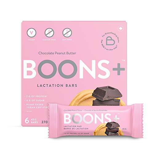 Boons+ Vegan Lactation Bars Peanut Butter-Chocolate (6x45g Bars per Box). Boons+ Bars Support & Enhance Lactation. 7g/Protein per Serving & 4g/Sugar. Vegan, Gluten Free, Soy-Free, Fenugreek-Free.