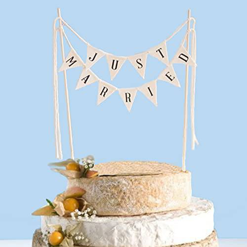 SCHOLMART Just Married Rustic Wedding Cake Topper, Cheese Cake Topper Wedding, Flags Bunting Cake Topper, Handmade Pennant Flags with Wood Pole Cake Topper, preassembled