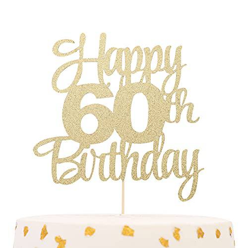 Happy 60th Birthday Cake Topper - 60 Years Loved Blessed Cake Decoration Supplies, Birthday Commemorative Party Decorations, Ladies Photo Booth Props, Golden Paper Cake 60th Logo, Glitter Sixty Cake Decoration