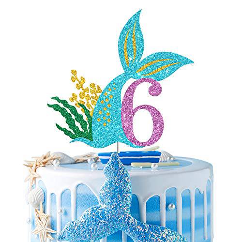 Mermaid Six Cake Topper, Happy 6th Birthday Cake Decor, I’m Six Sign, Little Mermaid Birthday Party Decoration Supplies, Daughter of the Sea, Under the Sea Themed, Ocean Themed Wedding - Glitter