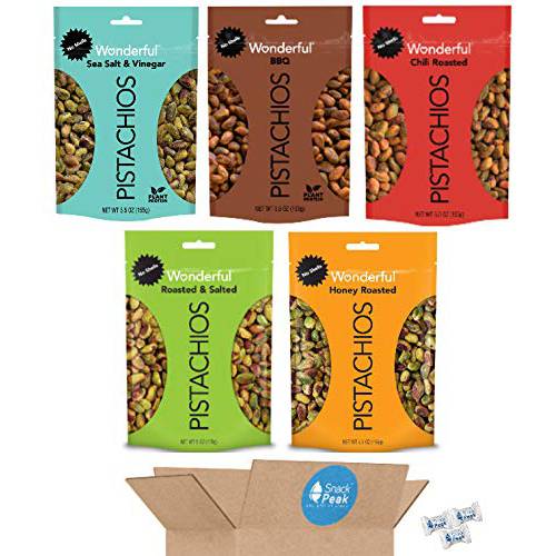 Wonderful Pistachios Snack Peak Variety Gift Box – Roasted Salted, BBQ, Chili Roasted, Salt and Vinegar, and Honey Roasted