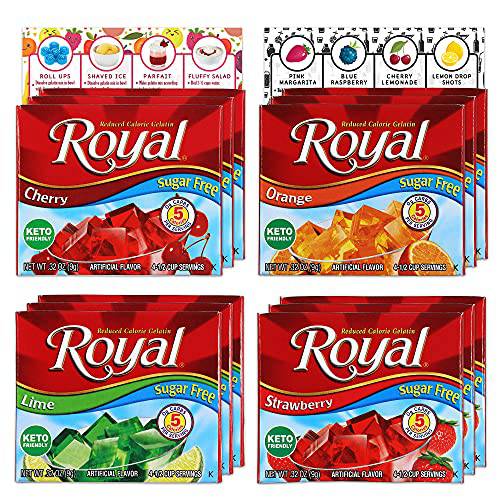 Royal Gelatin Sugar Free Variety Pack of 12 | 3 Box Each - Strawberry, Lime, Orange and Cherry | Make Low Carb Fat Free Gelatin Desserts | Keto Food or Snacks | Bundle with Ballard Products Jello Shot Recipe Card