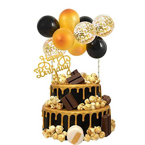 BEISHIDA Black Gold Balloon Cloud Cake Topper 5 Inch 10pcs Confetti Metallic Mini Balloon Cake Topper with Happy Birthday Letter Cupcake Topper for Birthday Cake Decorations Wedding Party Supplies