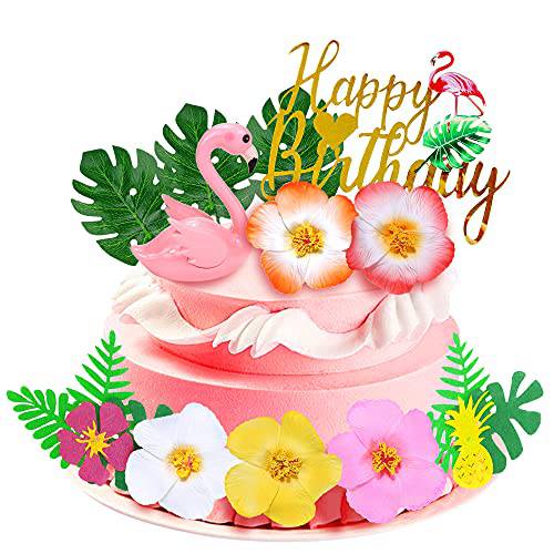 13 Pieces Flamingo Cake Toppers Summer Cake Decoration with Cute Pink Flamingo Figures and Hibiscus Flower Palm Leaves for Tropical Hawaiian and Beach Themed Party Supplies