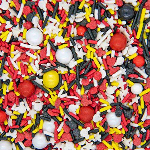 Mickey Sprinkles for Baking and Cake Decorating - Mouse Cake Decoration Edible and Fancy Cake Sprinkles and Toppings - Red Black White Yellow Jimmies, Nonpareils, Pearls with Star and Mouse Sprinkles