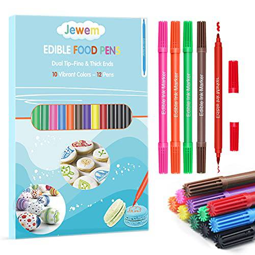 Edible Markers for Cookie Decorating,12Pcs Food Coloring Pens, Double Side Food Grade Pens with Fine & Thick Tip for Decorating Fondant,Cakes,Cookies,Easter Eggs,Frosting,Macaron(10 Colors)