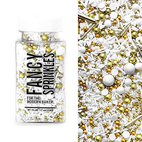 Fancy Sprinkles Decorative Metallic and Glitter Sprinkle Mix for Baking, Cake and Cookie Decorating, White and Gold Mix, Gold Digger, 4oz.