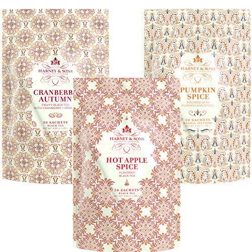 Harney & Sons Fall Tea Collection, Pumpkin Spice, Apple Spice, Cranberry Autumn, Bags of 50 Sachets