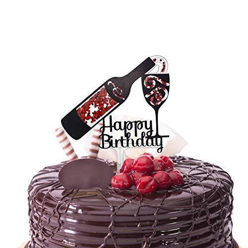Happy Birthday Cake Topper, Wine Bottle and Glass Acrylic Cake Topper,Whisky and Wine Themed Birthday Party Decor