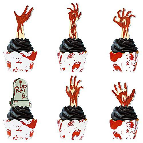 72PCS Halloween Cupcake Toppers Supplies 36 PCS Zombie Hand Tombstone Cupcake Toppers And 36 PCS Horror Red Handprint Cupcake Wrapper For Halloween Party Zombie Theme Party