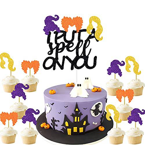 I Put A Spell On You Cake Topper Halloween Hocus Cupcake Pocus Toppers Party Decoration Witch Food Picks Glitter Fall Supplies