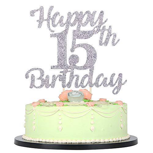 LVEUD 15th Birthday Cake Topper for Happy Birthday, 15 Silver Flash 15th Cake Topper，Happy Birthday Cake Topper Cake Ornament (15th)