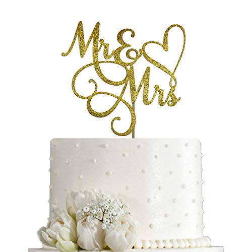 2Pcs Gold Glitter Mr & Mrs Cake Topper - Wedding, Engagement, Wedding Anniversary Cake Toppers Decorations (Pack of 2Pcs)