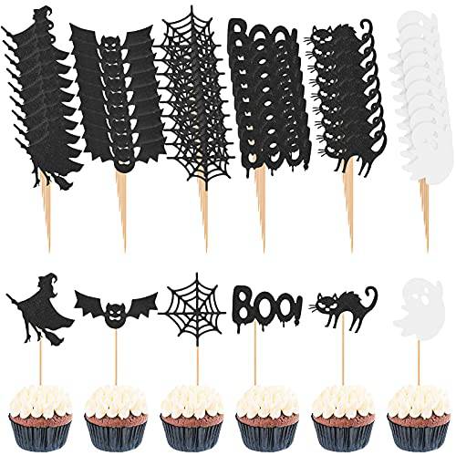 48 Pcs Halloween Cupcake Toppers Bat Ghost Witch Cupcake Picks Glitter Halloween Cake Cupcake Topper Decorations for Halloween Party Decoration Supplies
