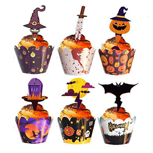 48 Pieces Halloween Cupcake Toppers Cupcake Wrappers Kit for Halloween Cake Decoration