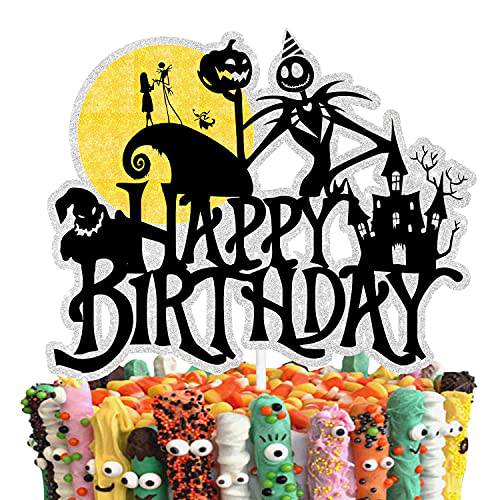 Glitter Jack and Sally Happy Birthday Cake Topper for Halloween Theme - movie Theme Anniversary Birthday Party Decoration Supplie