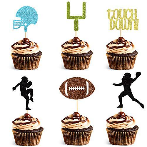Unimall Pack of 48 Football Cupcake Topper Rugby Ball Happy Birthday Sign Cake Fruit Muffin Picks for Super Bowl Party Decor Touchdown Sport Themed Game Day Party Supplies Decorations Ball Food Picks