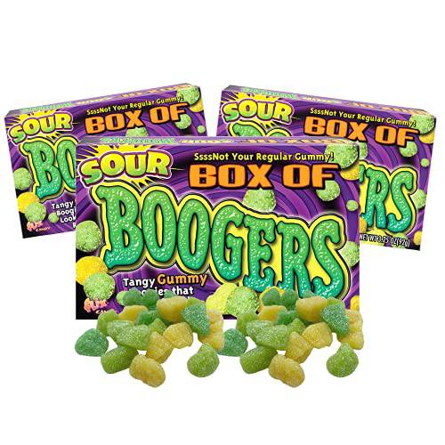 Sour Box of Booger Gummies, Tangy Gummy Candy Boogers Movie Theater Box Shareable Candy, Gag Gift Prank or Party Favor, Pack of 3
