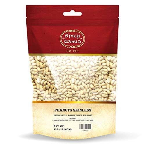 Spicy World Skinless Peanuts, Blanched Raw Peanuts (Uncooked, Unsalted) 4 Pound (64oz) ~ All Natural USA Grown