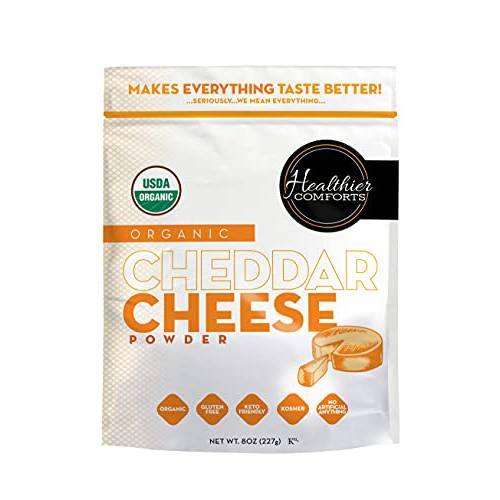 Healthier Comforts Reduced Sodium Organic Cheddar Cheese Powder | Gluten Free, Kosher, Keto-Friendly, Non-GMO, Antibiotic & Hormone Free | Perfect for Popcorn Seasoning, Mac and Cheese, Pasta & Sauces (8 oz)