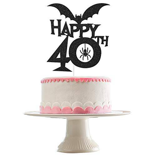 Bat Happy 40th Cake Topper Black Glitter- Halloween 40th Birthday Decorations,Halloween 40th Birthday Cake Topper,Bat Cake Topper,Halloween Cake Decorations