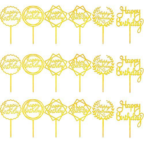 18 Pieces Gold Happy Birthday Cakes Toppers Acrylic Happy Birthday Cakes Toppers Birthday Cupcake Topper Birthday Cake Decorations Supplies Golden Glittering Cake Topper 6 Styles